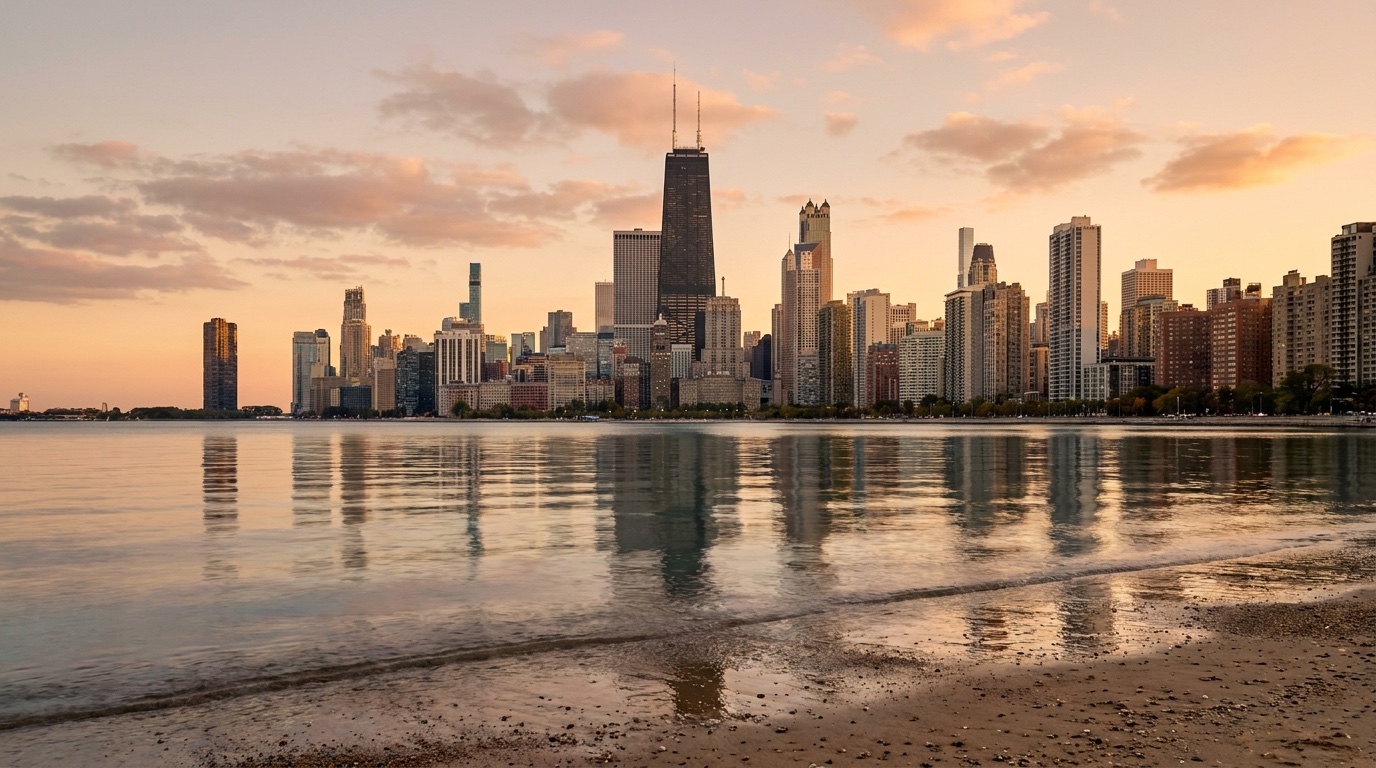 The Chicago skyline at golden hour, seen across the lakefront