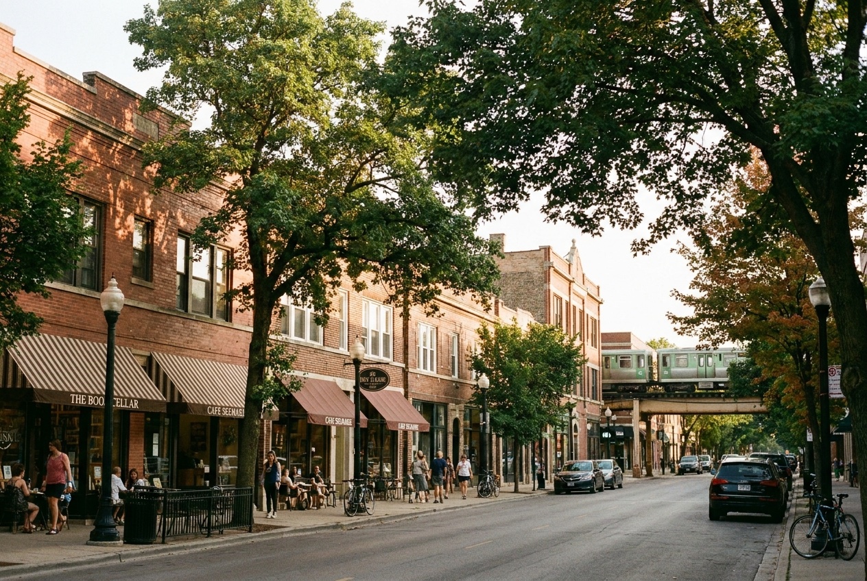 A tree-lined Lincoln Square street with brick storefronts and the Chicago L